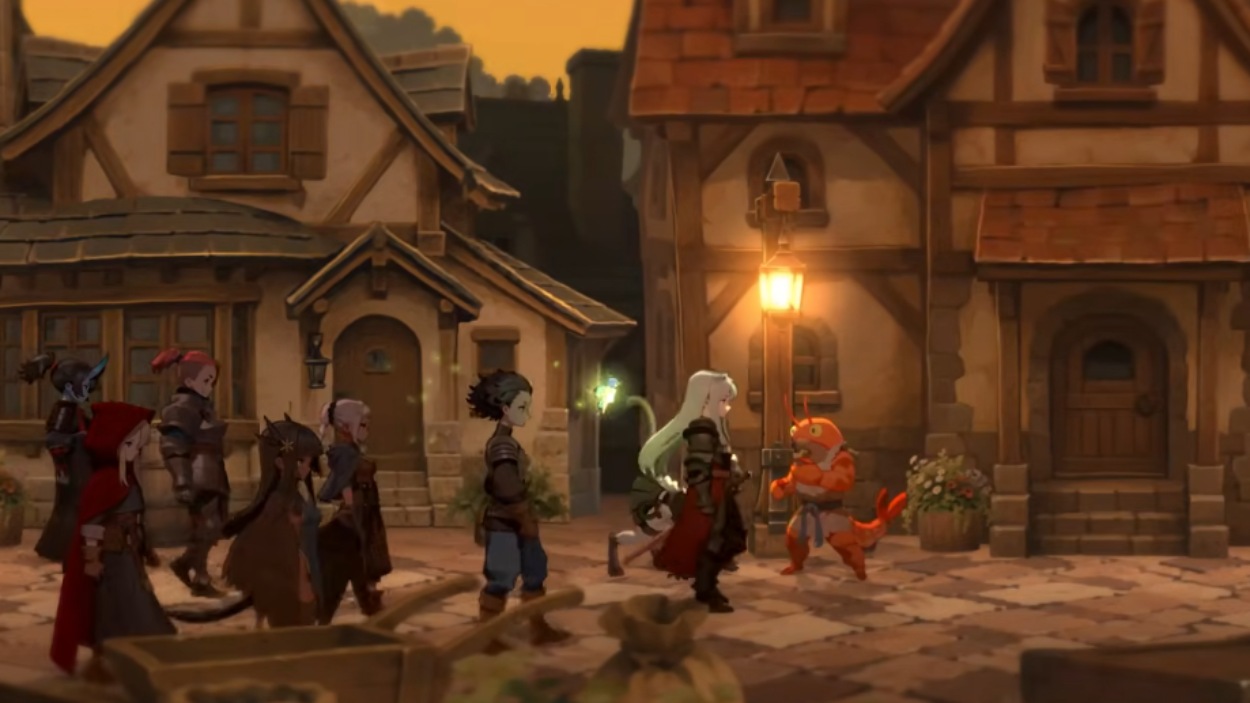 Mehrere Fantasyfiguren ziehen in DAWNGAZER durch eine mittelalterlich anmutende Stadt mit Fachwerkhäusern, während ihnen eine kleine orangefarbene Kreatur begegnet.