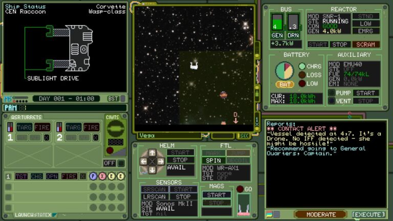 Pixelgrafische Kommandooberfläche aus Deck & Conn mit Schiffsstatus, Reaktor- und Batteriesystemen, taktischer Weltraumkarte, Waffensteuerung und einem eingehenden Kontaktbericht.
