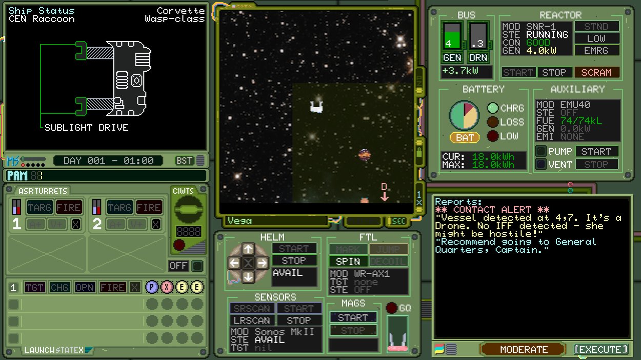 Pixelgrafische Kommandooberfläche aus Deck & Conn mit Schiffsstatus, Reaktor- und Batteriesystemen, taktischer Weltraumkarte, Waffensteuerung und einem eingehenden Kontaktbericht.