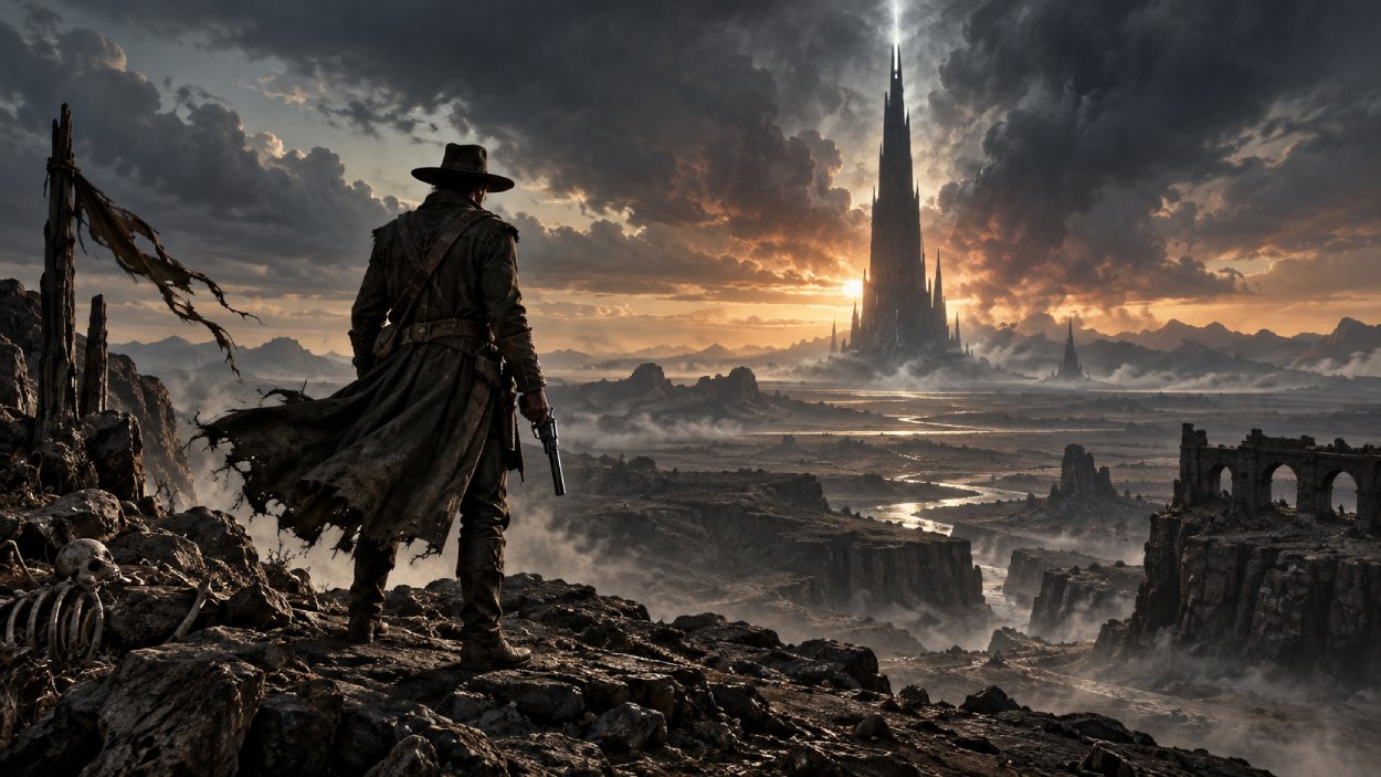 Ein einsamer Revolvermann steht in einer düsteren Fantasylandschaft und blickt auf einen gewaltigen dunklen Turm am Horizont.