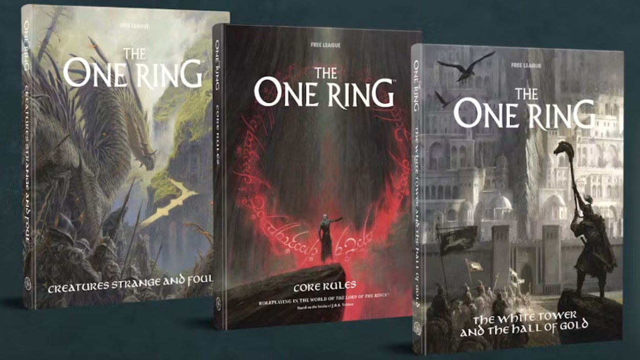 Drei Bücher von The One Ring stehen nebeneinander: Creatures Strange and Foul, die überarbeiteten Core Rules und The White Tower and the Hall of Gold mit Gondor-Motiv.