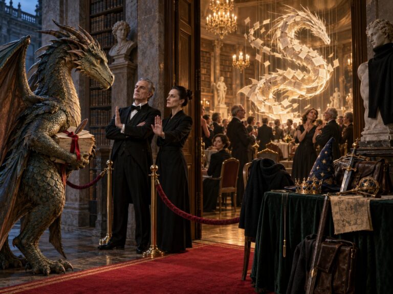 Ein Drache mit Manuskript wird vor dem Eingang zu einer eleganten Literaturgala abgewiesen, während im Saal eine abstrakte Drachenfigur aus Papier und Licht gefeiert wird.