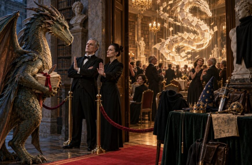 Ein Drache mit Manuskript wird vor dem Eingang zu einer eleganten Literaturgala abgewiesen, während im Saal eine abstrakte Drachenfigur aus Papier und Licht gefeiert wird.
