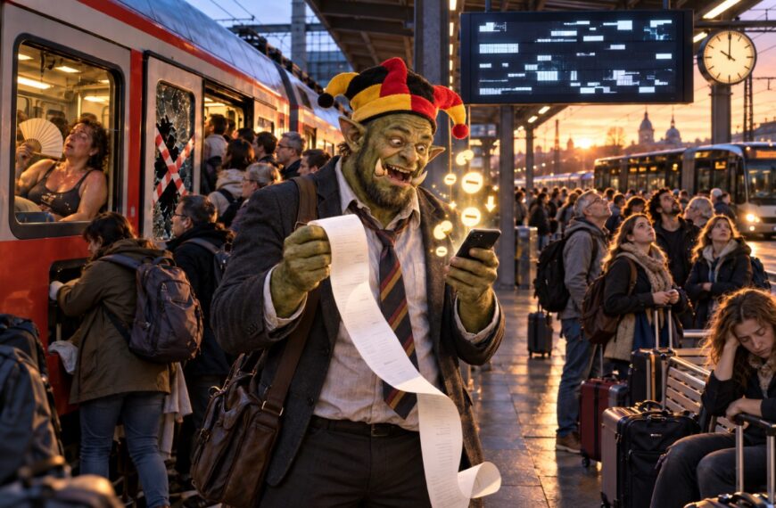 Satirische Szene an einem deutschen Bahnhof: Ein Ork mit Deutschlandhut hält einen langen Kassenbon und sein Smartphone in den Händen und freut sich über immer weitere Preisabzüge. Im Hintergrund sorgen defekte Türen, überfüllte Züge, ein Ersatzbus, eine ausgefallene Klimaanlage und eine kaputte Anzeigetafel für maximales Bahnchaos.