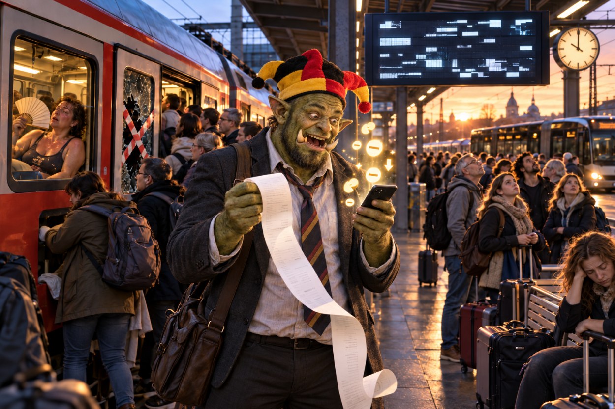 Satirische Szene an einem deutschen Bahnhof: Ein Ork mit Deutschlandhut hält einen langen Kassenbon und sein Smartphone in den Händen und freut sich über immer weitere Preisabzüge. Im Hintergrund sorgen defekte Türen, überfüllte Züge, ein Ersatzbus, eine ausgefallene Klimaanlage und eine kaputte Anzeigetafel für maximales Bahnchaos.