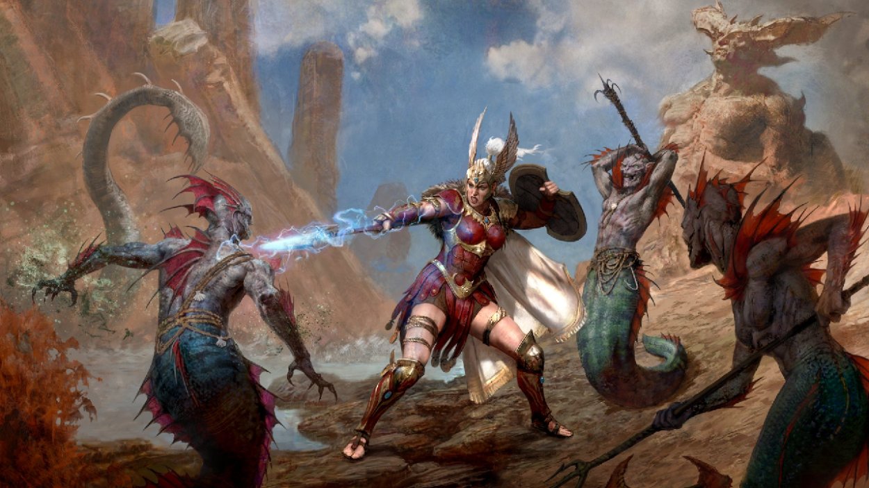 Die Amazone aus Diablo IV kämpft mit Bogen oder Wurfspeer gegen dämonische Gegner in Sanctuary.