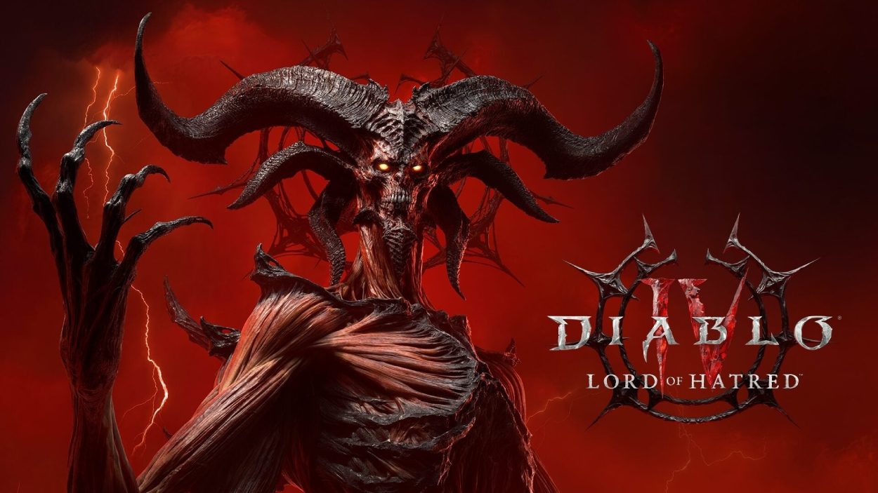 Ein riesiger gehörntes Dämonenwesen steht vor rotem Gewitterhimmel neben dem Logo von Diablo IV: Lord of Hatred.