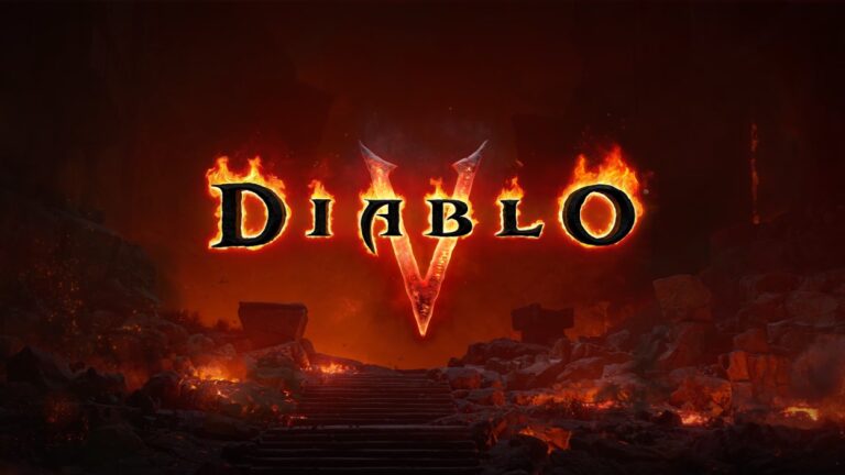 Das brennende Diablo-V-Logo schwebt über einer zerstörten, von Feuer und Glut erfüllten Dark-Fantasy-Landschaft.