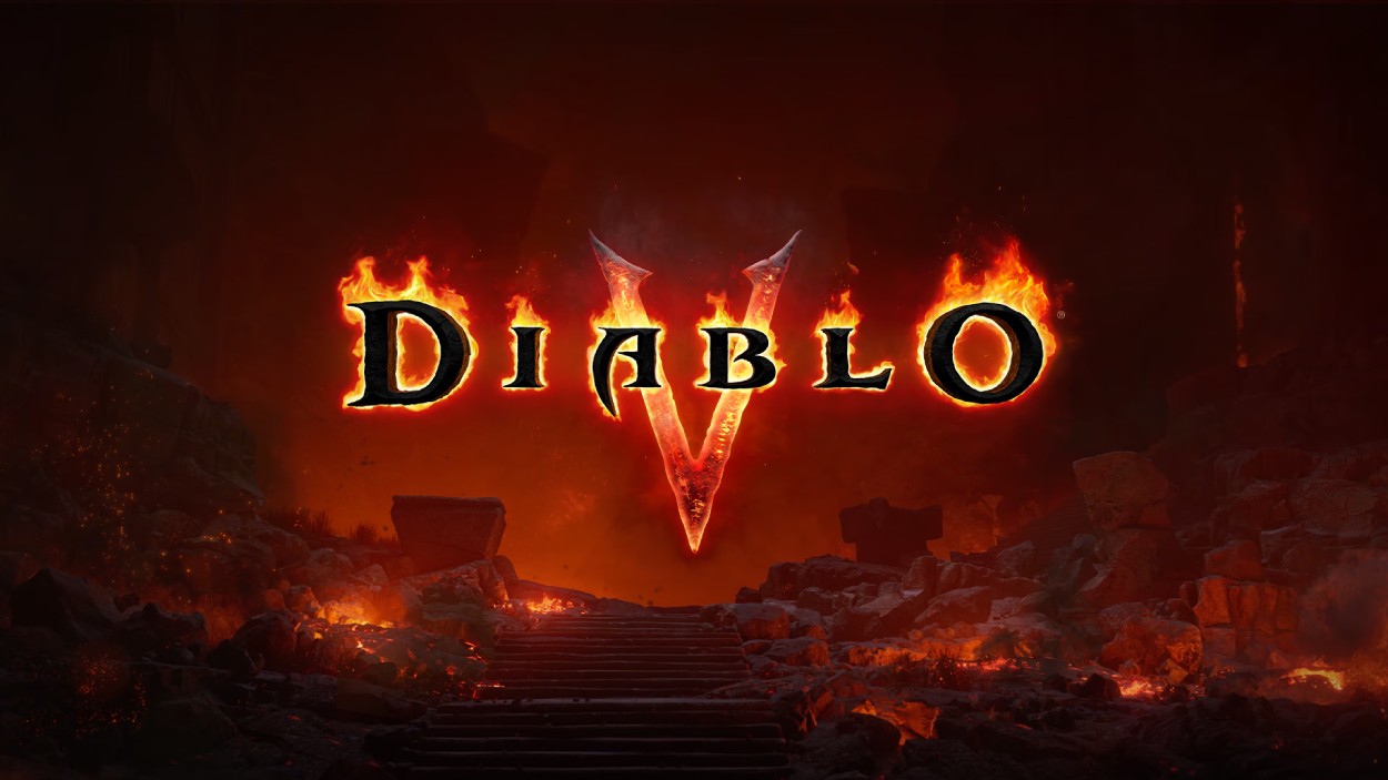 Das brennende Diablo-V-Logo schwebt über einer zerstörten, von Feuer und Glut erfüllten Dark-Fantasy-Landschaft.