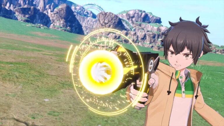 Der neue Protagonist von Digimon Story Time Stranger richtet in einer offenen digitalen Landschaft ein leuchtendes Gerät oder eine Waffe nach vorn.