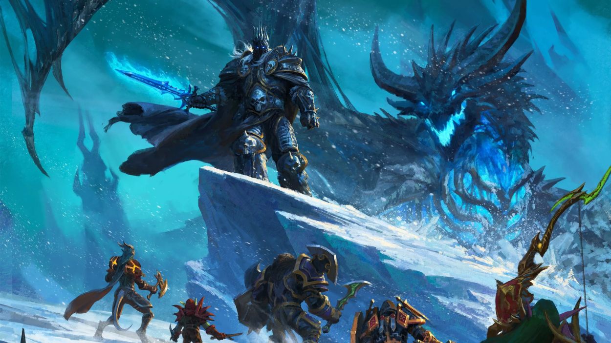 Der Lich King steht mit leuchtendem Runenschwert vor einem riesigen Frostwyrm, während mehrere Abenteurer auf ihn zustürmen.