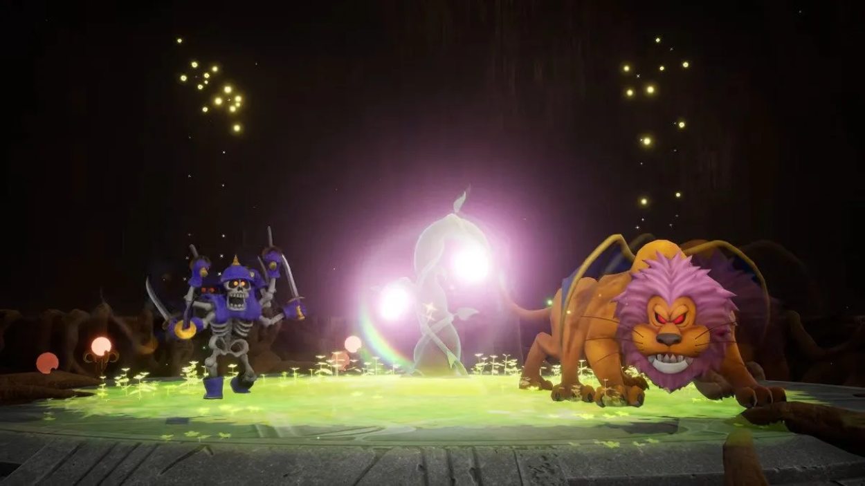 Mehrere Monster kämpfen in einer dunklen Fantasy-Arena, darunter ein violetter Skelettkrieger, ein geflügeltes Löwenwesen und eine leuchtende Kreatur im Hintergrund.