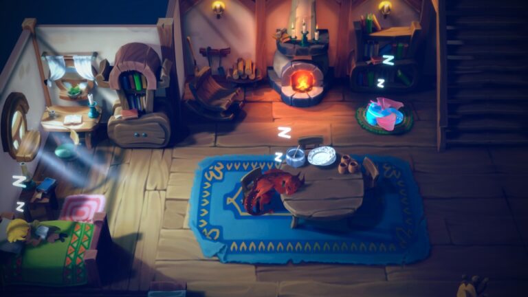 Ein kleiner roter Drache schläft in einer gemütlichen Holzhütte aus Dragon Shelter neben einem Tisch, während im Hintergrund ein Kamin brennt und eine Person im Bett schläft.