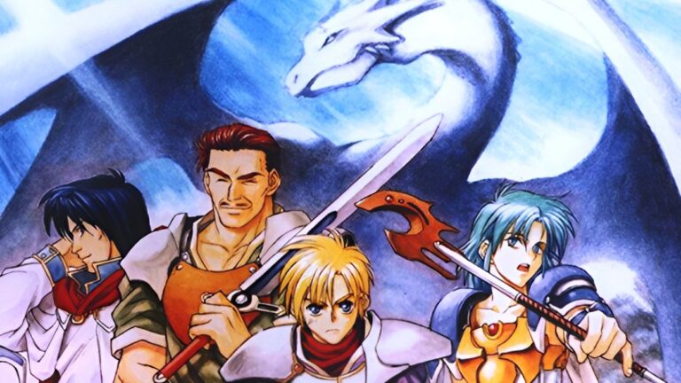 Mehrere Fantasyhelden mit Schwertern und Rüstungen stehen vor einem großen weißen Drachen; im Vordergrund ist ein Wappen mit goldenem Drachen zu sehen.