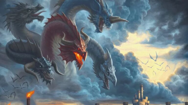 Mehrere verschiedenfarbige Drachen fliegen durch einen dramatisch bewölkten Himmel über einer Fantasyburg und stoßen mit geöffneten Mäulern nach vorn.