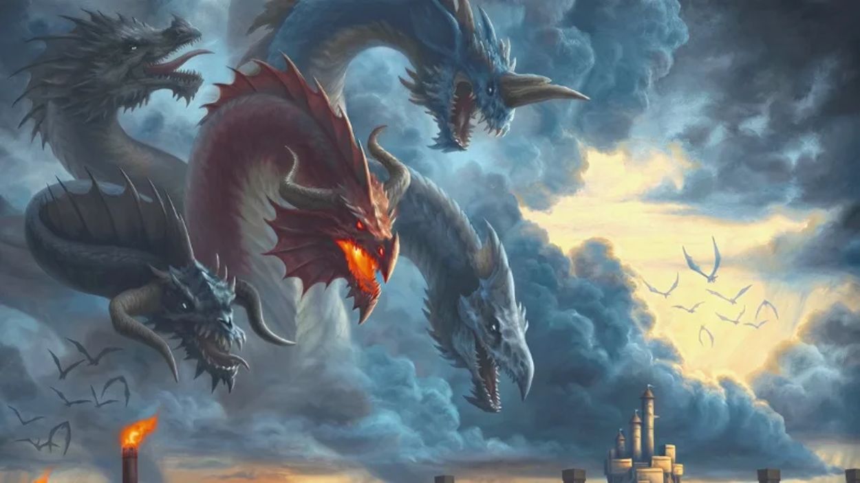 Mehrere verschiedenfarbige Drachen fliegen durch einen dramatisch bewölkten Himmel über einer Fantasyburg und stoßen mit geöffneten Mäulern nach vorn.