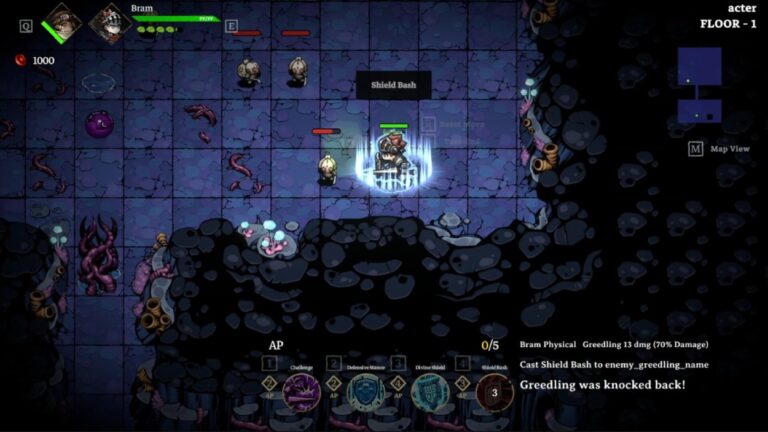 Ein Charakter führt in Echoes From Below einen Schildangriff gegen Gegner in einem düsteren Raster-Dungeon aus.