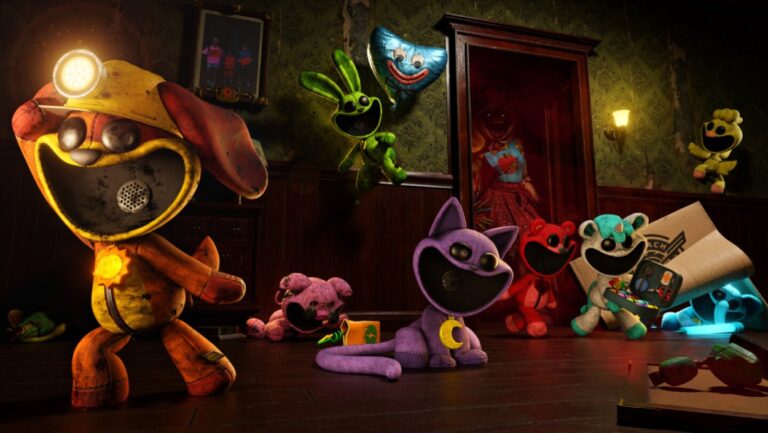 Mehrere Smiling Critters aus Escape From Playtime stehen in einem düsteren, heruntergekommenen Raum der Playtime-Co.-Fabrik, während weitere Spielzeugwesen im Hintergrund lauern.