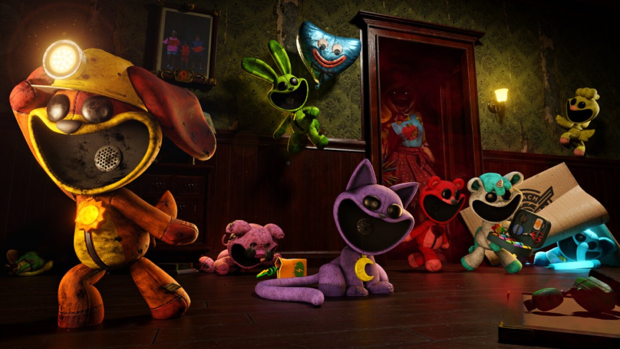 Mehrere Smiling Critters aus Escape From Playtime stehen in einem düsteren, heruntergekommenen Raum der Playtime-Co.-Fabrik, während weitere Spielzeugwesen im Hintergrund lauern.