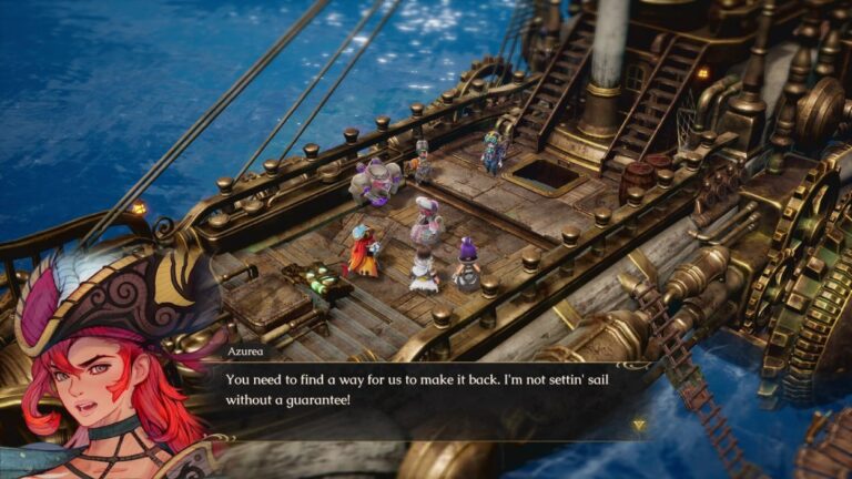 Mehrere Figuren stehen gemeinsam auf dem Deck eines großen mechanischen Schiffes in Eternal Anima, während unten ein Dialogfenster eingeblendet ist.