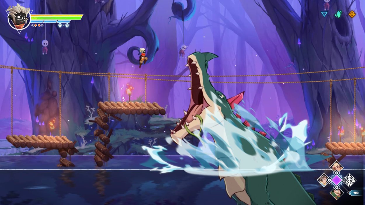 Hira springt in Fallen Tear: The Ascension durch einen violett beleuchteten Fantasywald, während ein riesiges Wassermonster aus dem Fluss emporbricht.