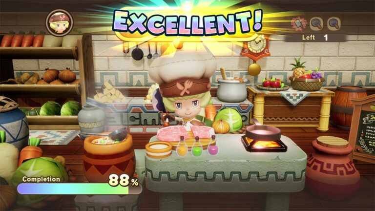 Eine Figur aus Fantasy Life i bereitet in einer bunten Küche Zutaten zu, während der Herstellungsfortschritt mit „Excellent“ bewertet wird.