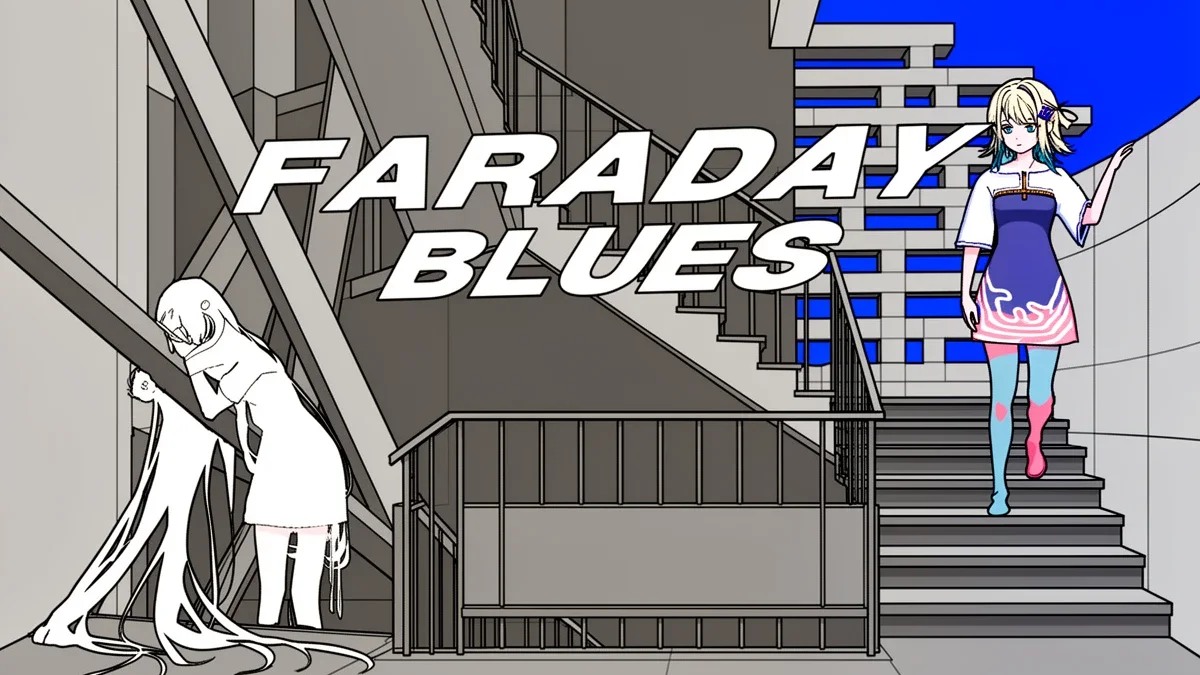 Zwei stilisierte Figuren aus Faraday Blues stehen in einer geometrischen Treppenarchitektur, eine nahezu monochrom, die andere farbig in Blau und Rosa.