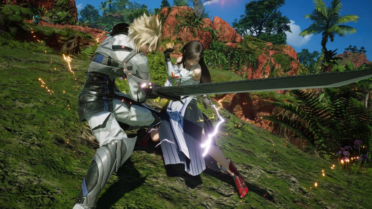 Cloud und Tifa kämpfen gemeinsam in einer üppigen Landschaft, während Cloud sein riesiges Schwert führt und elektrische Effekte zwischen den Figuren aufleuchten.