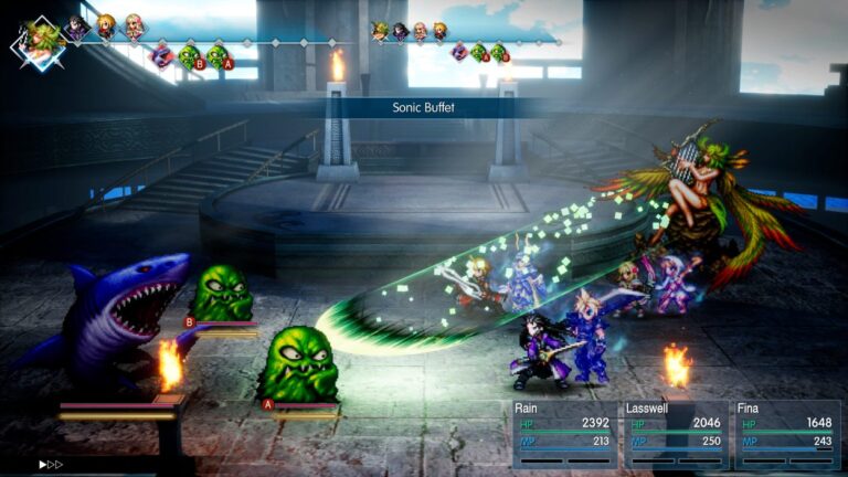 Mehrere Final-Fantasy-Helden kämpfen in einer HD-2D-Arena gegen verschiedene Monster, während Aktionsleiste, Statusanzeigen und Spezialeffekte eingeblendet sind.