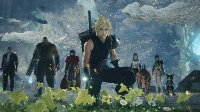 Cloud kniet mit seinem großen Schwert zwischen leuchtenden Blumen in einer weitläufigen Fantasylandschaft; hinter ihm stehen Vincent, Barret, Tifa, Yuffie, Cait Sith, Red XIII und weitere Gefährten.