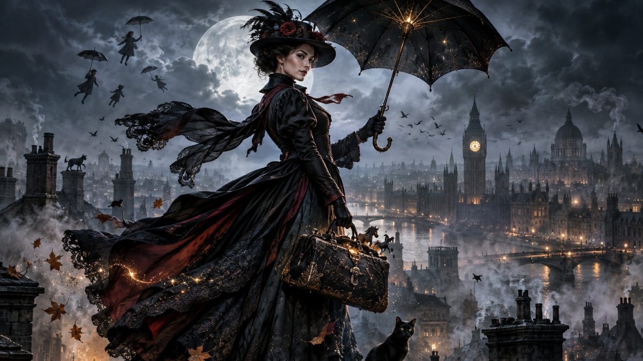 Eine finstere viktorianische Nanny-Figur im Stil von Mary Poppins steht mit schwarzem Schirm und Reisetasche auf einem Dach über dem nächtlichen London, während Vollmond, Nebel und die Skyline die Szene in düstere Fantasy-Atmosphäre tauchen.