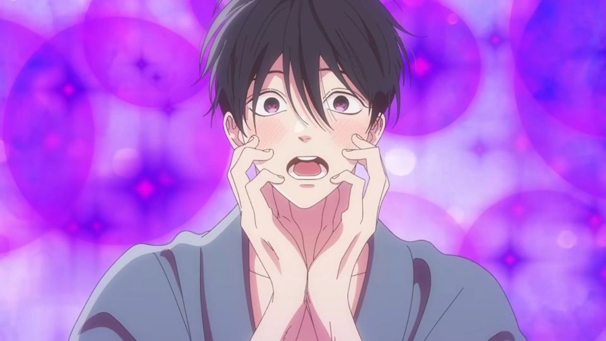 Shinpei aus Firefly Wedding reagiert mit weit aufgerissenen Augen und geröteten Wangen vor einem leuchtend violetten Hintergrund.