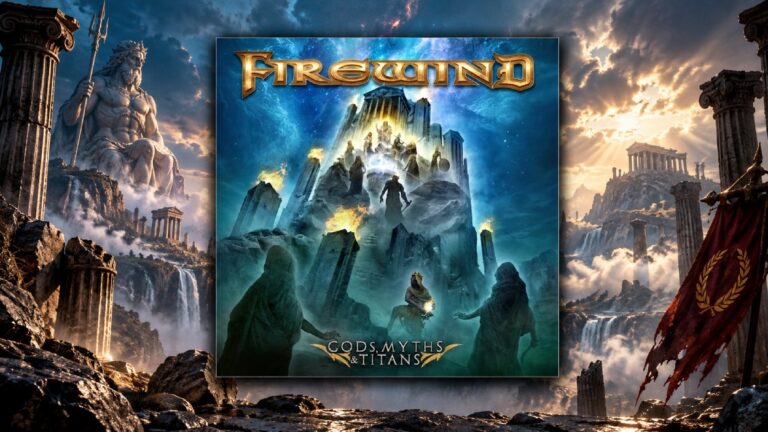 Das quadratische Albumcover von Firewind – Gods, Myths & Titans steht vor einer epischen 16:9-Fantasykulisse mit antiken Tempeln, monumentalen Götterstatuen, Wolken und dramatischem Licht.