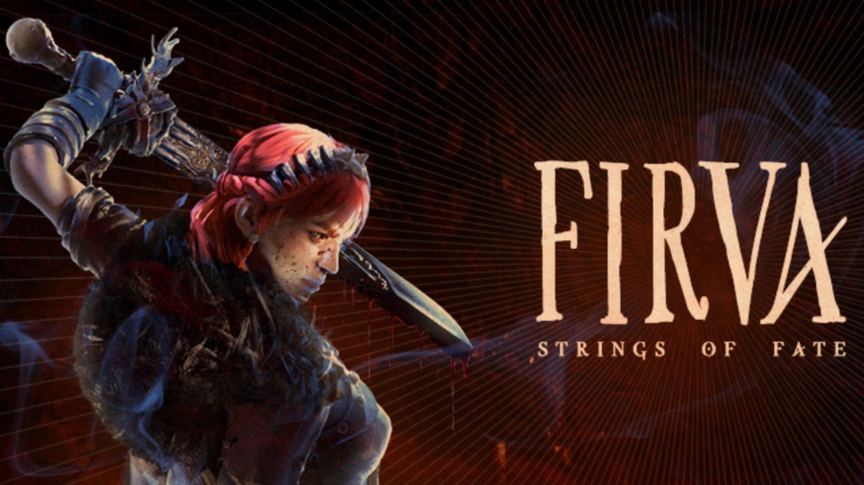 Eine rothaarige Kriegerin aus Firva: Strings of Fate stürmt mit gezogenem Schwert vor dunklem Hintergrund nach vorn, daneben steht der Schriftzug „Firva: Strings of Fate“.
