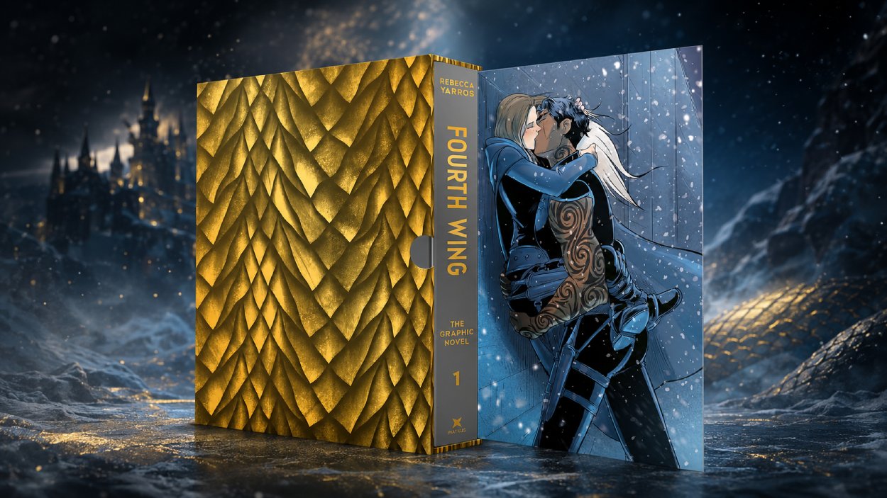 Die Deluxe-Ausgabe der Fourth Wing-Graphic-Novel steht vor einer verschneiten, düsteren Fantasylandschaft. Links ist der goldene Schuber mit Schuppenmuster zu sehen, rechts eine illustrierte Szene mit Violet und Xaden im Schnee.