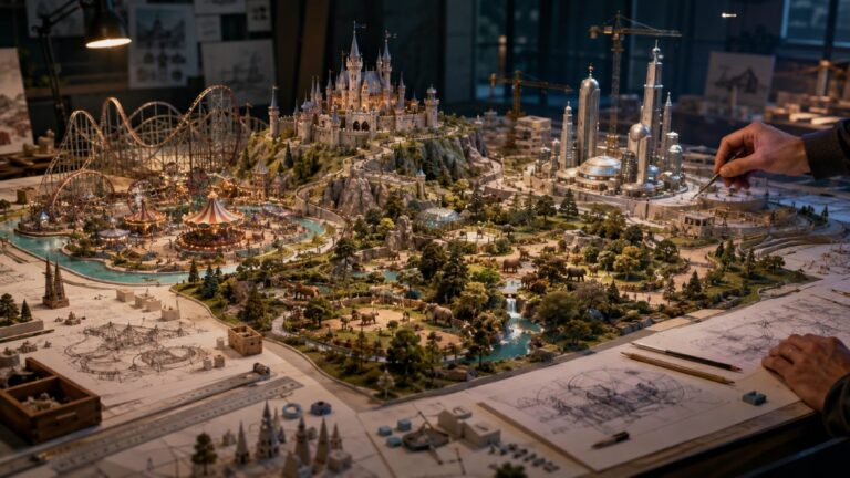 Ein großer Planungstisch zeigt Modelle einer fantastischen Freizeit- und Erlebniswelt mit Fahrgeschäften, futuristischen Gebäuden und märchenhaften Türmen.