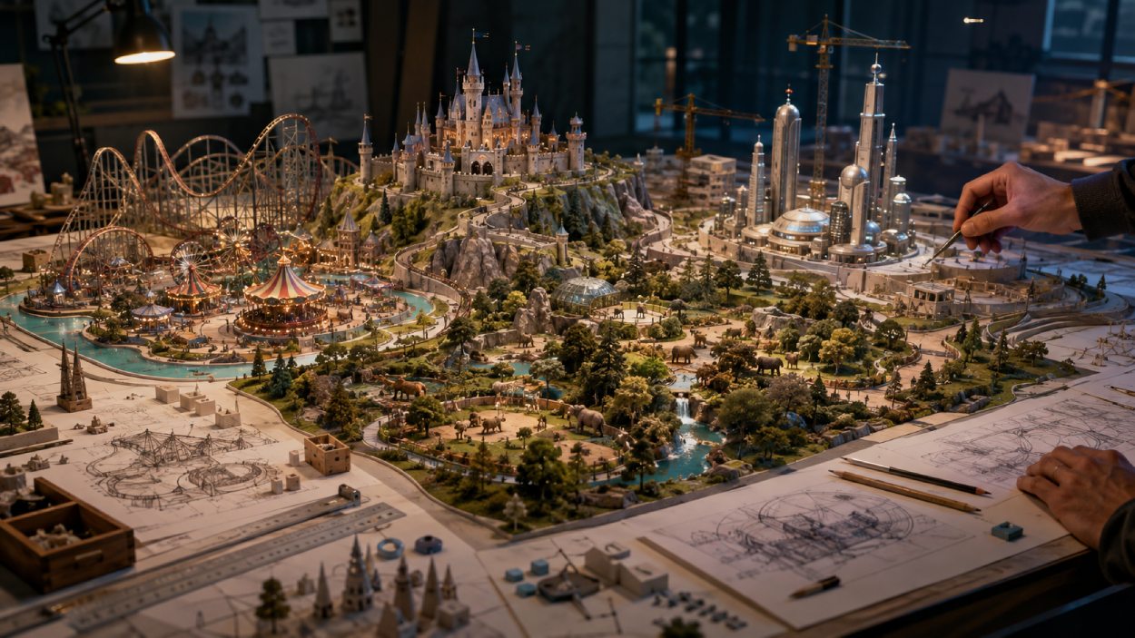 Ein großer Planungstisch zeigt Modelle einer fantastischen Freizeit- und Erlebniswelt mit Fahrgeschäften, futuristischen Gebäuden und märchenhaften Türmen.