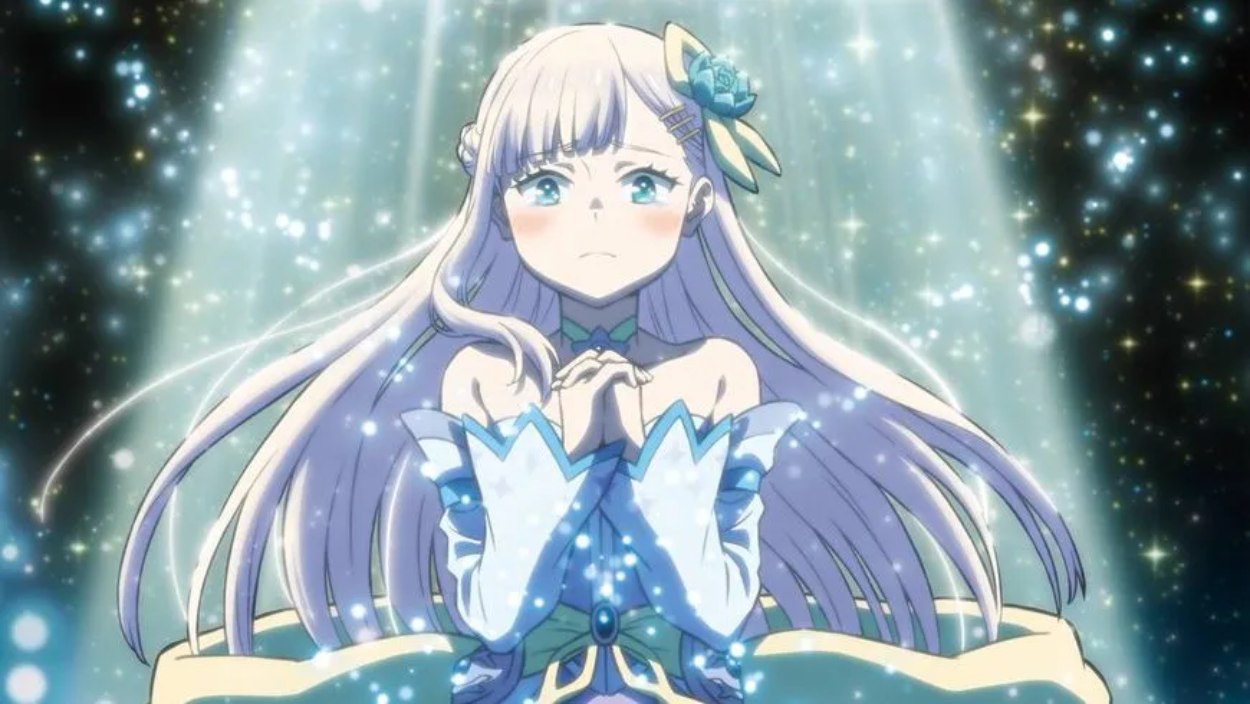 Göttin Noah steht von magischem Licht und funkelnden Partikeln umgeben im Anime Full Clearing Another World under a Goddess with Zero Believers.