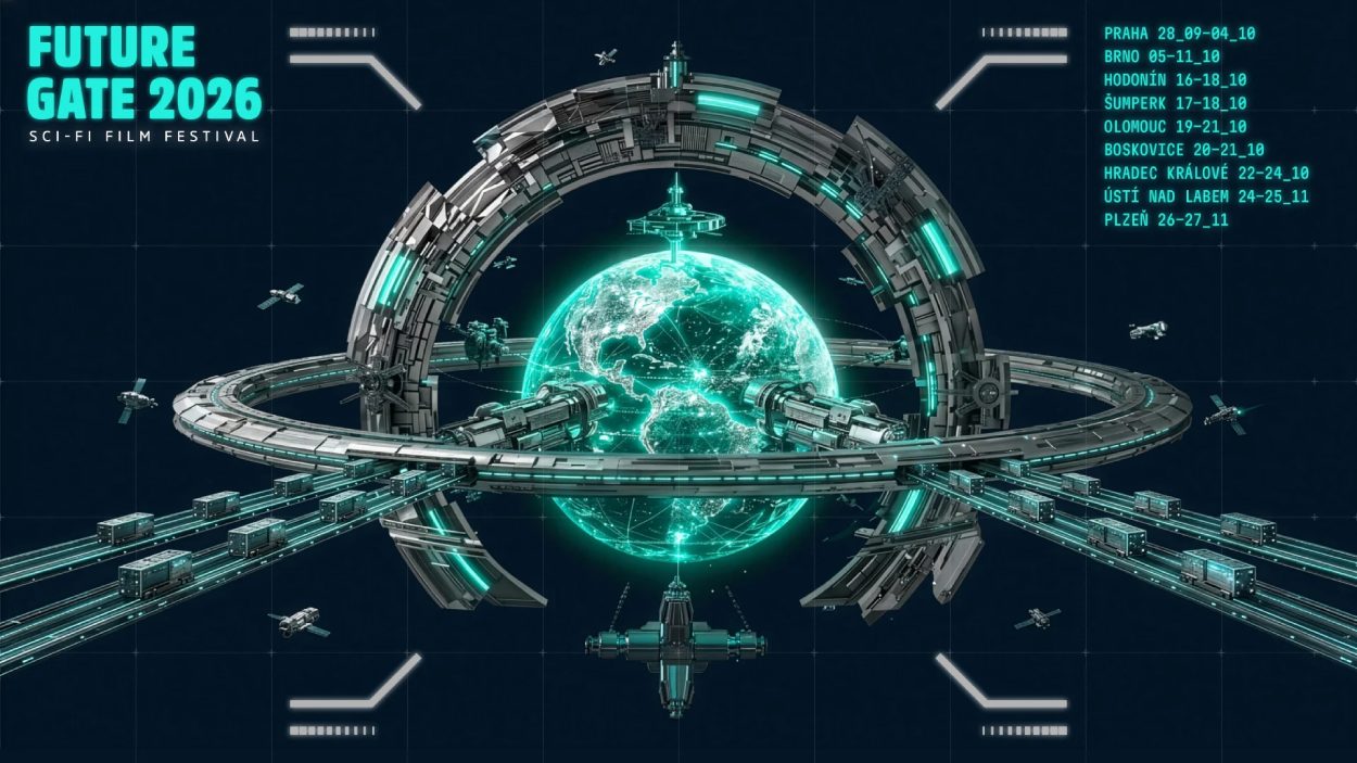 Offizielles Motiv des Future Gate Sci-Fi Film Festival 2026 mit einer futuristischen Ringstation um eine leuchtende Erde und den Festivalterminen.