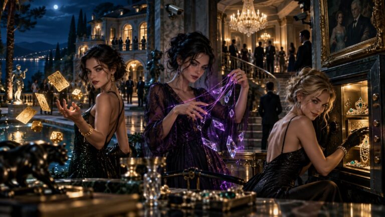 Drei elegant gekleidete Frauen planen in einer luxuriösen Villa einen magischen Coup; schwebende Karten, Würfel, violette Fäden und ein geöffneter Tresor deuten auf übernatürliche Fähigkeiten und einen Raubzug hin.