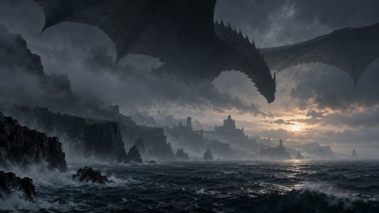 Gewaltiger Drache fliegt bedrohlich über einem dunklen Meer, während Westeros in der Ferne aus Nebel und Sturmwolken auftaucht.