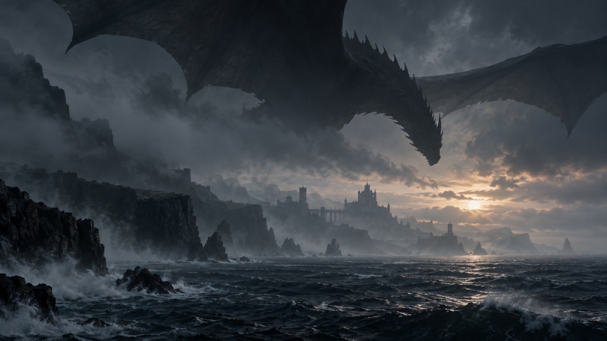 Gewaltiger Drache fliegt bedrohlich über einem dunklen Meer, während Westeros in der Ferne aus Nebel und Sturmwolken auftaucht.