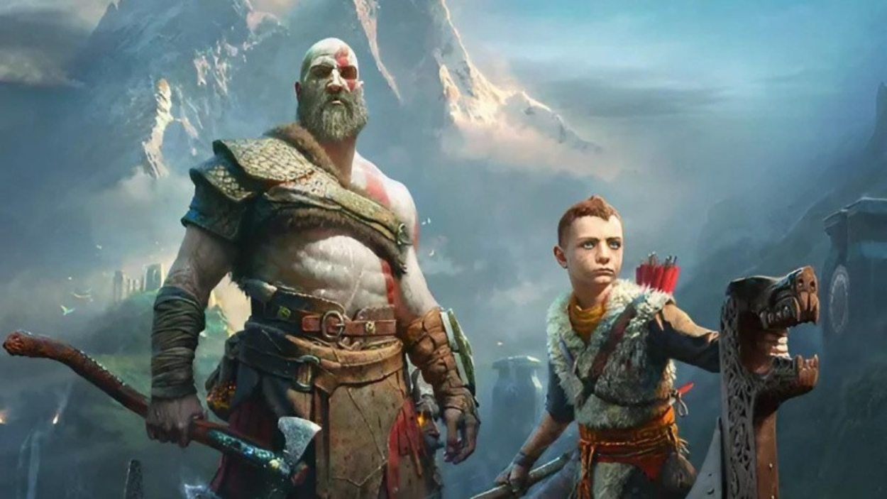 Kratos und Atreus stehen gemeinsam in einer nordischen Fantasylandschaft, Kratos mit Axt und Atreus mit Bogen und Köcher.