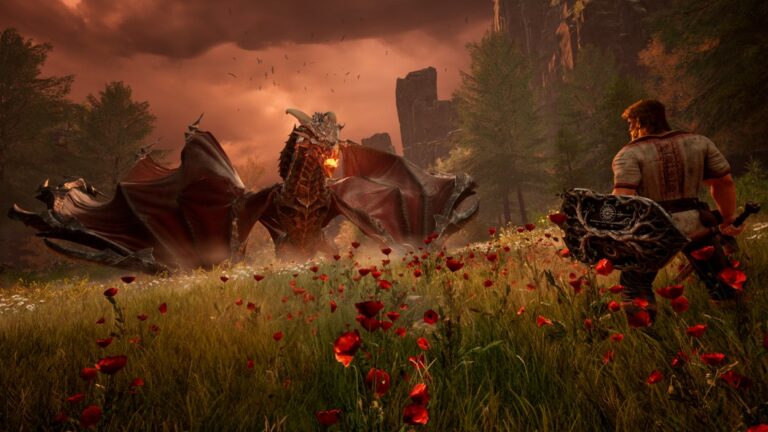 Der Bogatyr Zaremire steht mit einer schweren Waffe in einem Feld roter Blumen einem gewaltigen feuerspeienden Drachen gegenüber.