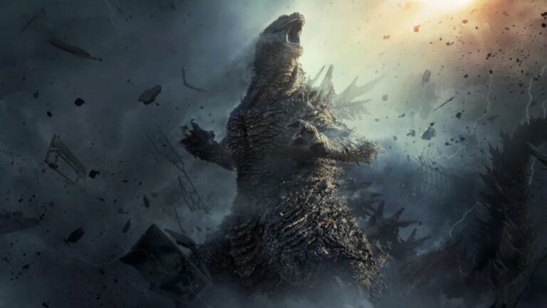 Godzilla brüllt zwischen Trümmern und aufgewirbeltem Schutt in einer düsteren Szene aus Godzilla Minus Zero.