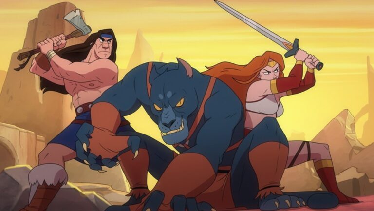 Ax Battler und Tyris Flare stellen sich gemeinsam mit einer großen blauen Fantasy-Kreatur in der animierten Golden-Axe-Serie zum Kampf.