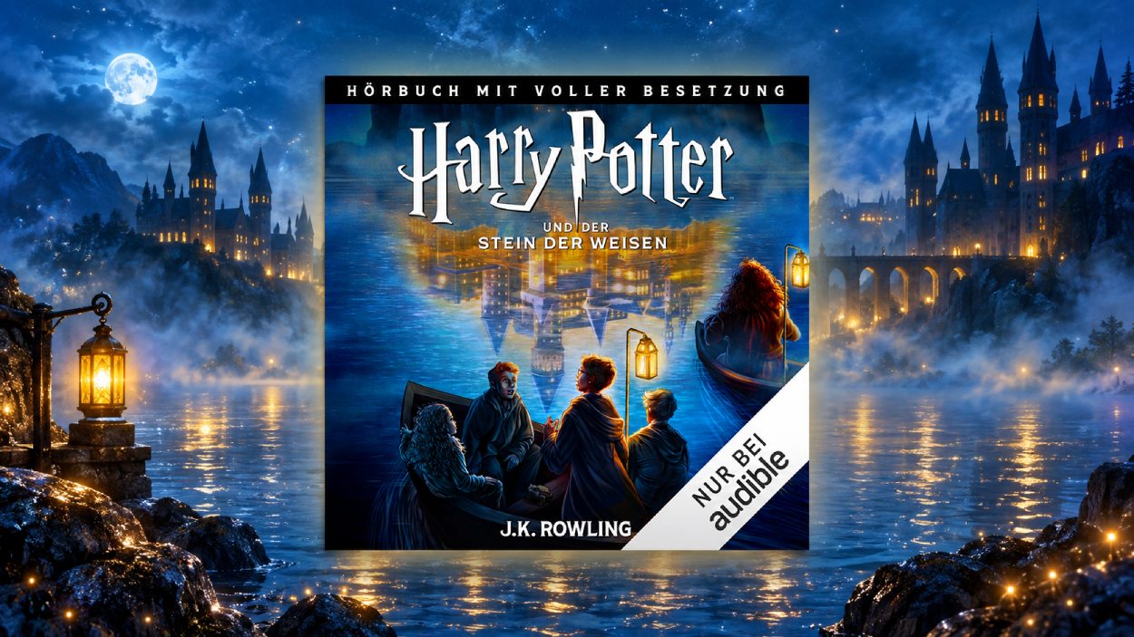 Cover von Harry Potter und der Stein der Weisen – Hörbuch mit voller Besetzung mit einer nächtlichen Bootsfahrt nach Hogwarts und dem Audible-Hinweis.