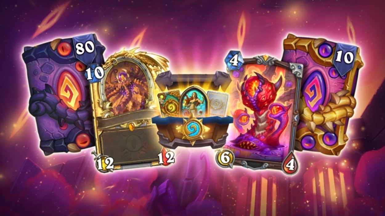 Mehrere Hearthstone-Karten und Setelemente schweben vor einer violett-goldenen Fantasy-Kulisse zur Erweiterung Reign of the Black Empire.