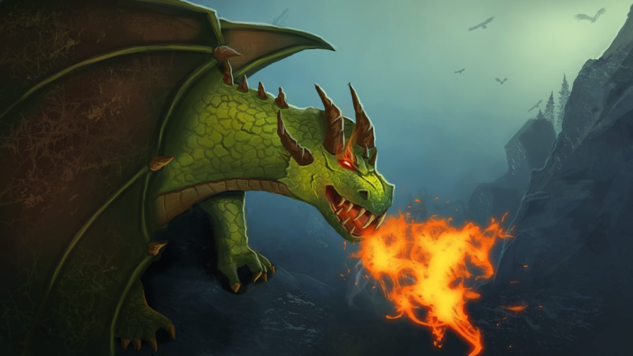 Ein mächtiger feuerspeiender Fantasy-Drache aus Heroic Legends Reborn erhebt sich als gemeinsamer Monsterboss über der Spielwelt.