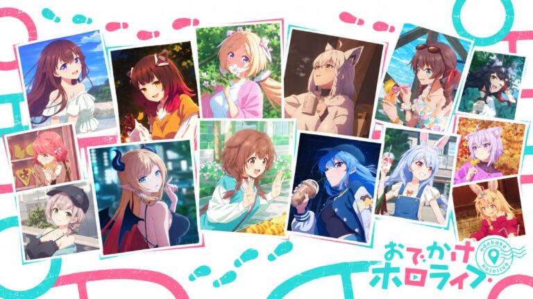 Bunte 16:9-Collage mit zahlreichen Hololive-Animefiguren in unterschiedlichen Reise-, Freizeit- und Alltagsszenen vor weißem Hintergrund mit pinken und türkisfarbenen Fußspuren.
